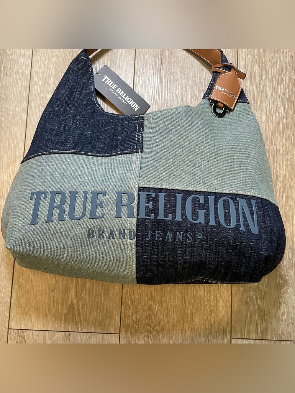 True Religion Denim Patchwork Hobo Y2K Aesthetic  Blue Slouchy Shoulder Bag NWT - Picture 2 of 6